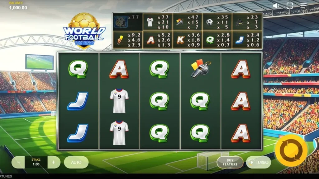 Interface do jogo World Football Fortunes com temática de estádio de futebol