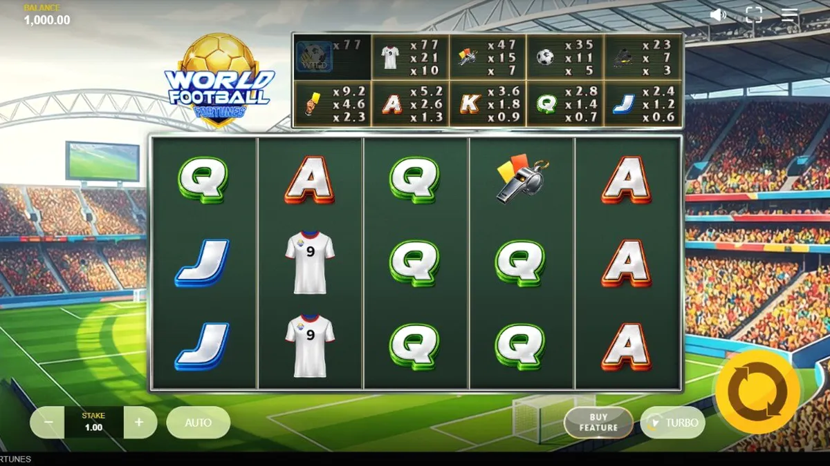 Interface do jogo World Football Fortunes com temática de estádio de futebol
