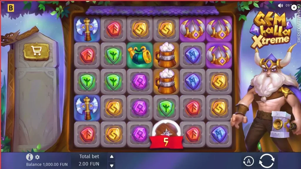Cena épica de Thor em Gemhalla Xtreme com símbolos nórdicos e multiplicadores