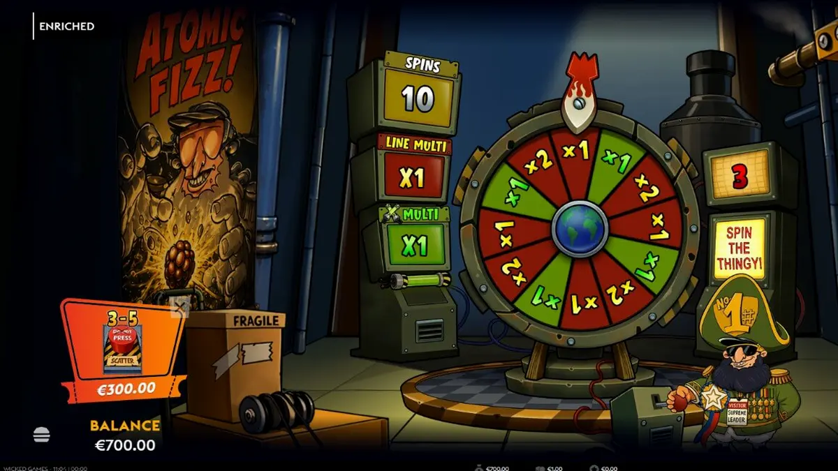 Cenário distópico do slot Enriched com elementos de radiação e estética de TV antiga
