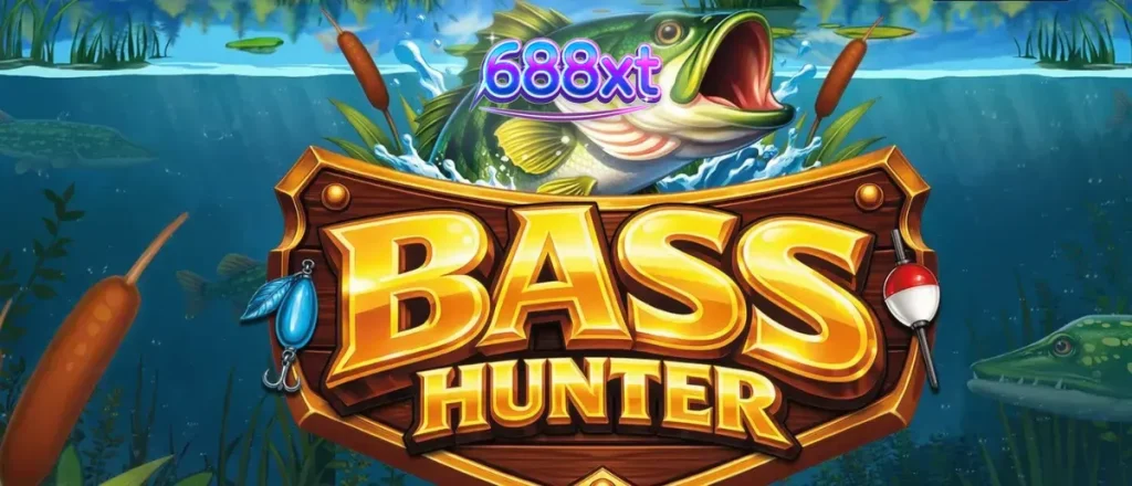 Cenário subaquático sereno do slot Bass Hunter com rolos flutuantes