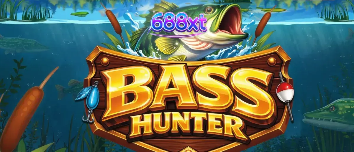 Cenário subaquático sereno do slot Bass Hunter com rolos flutuantes